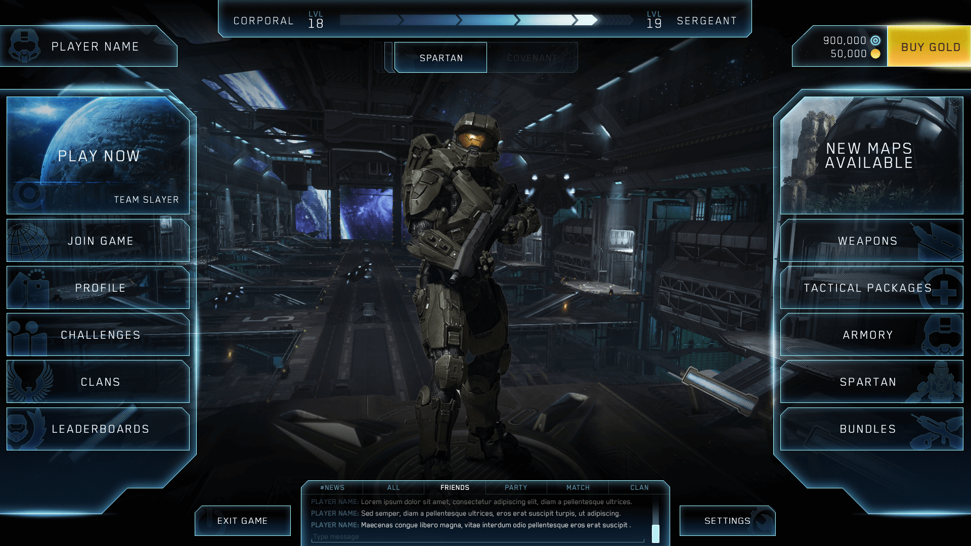 Halo Online main menu screen with a Spartan centered inside a hanger with navigation along the left and right side.