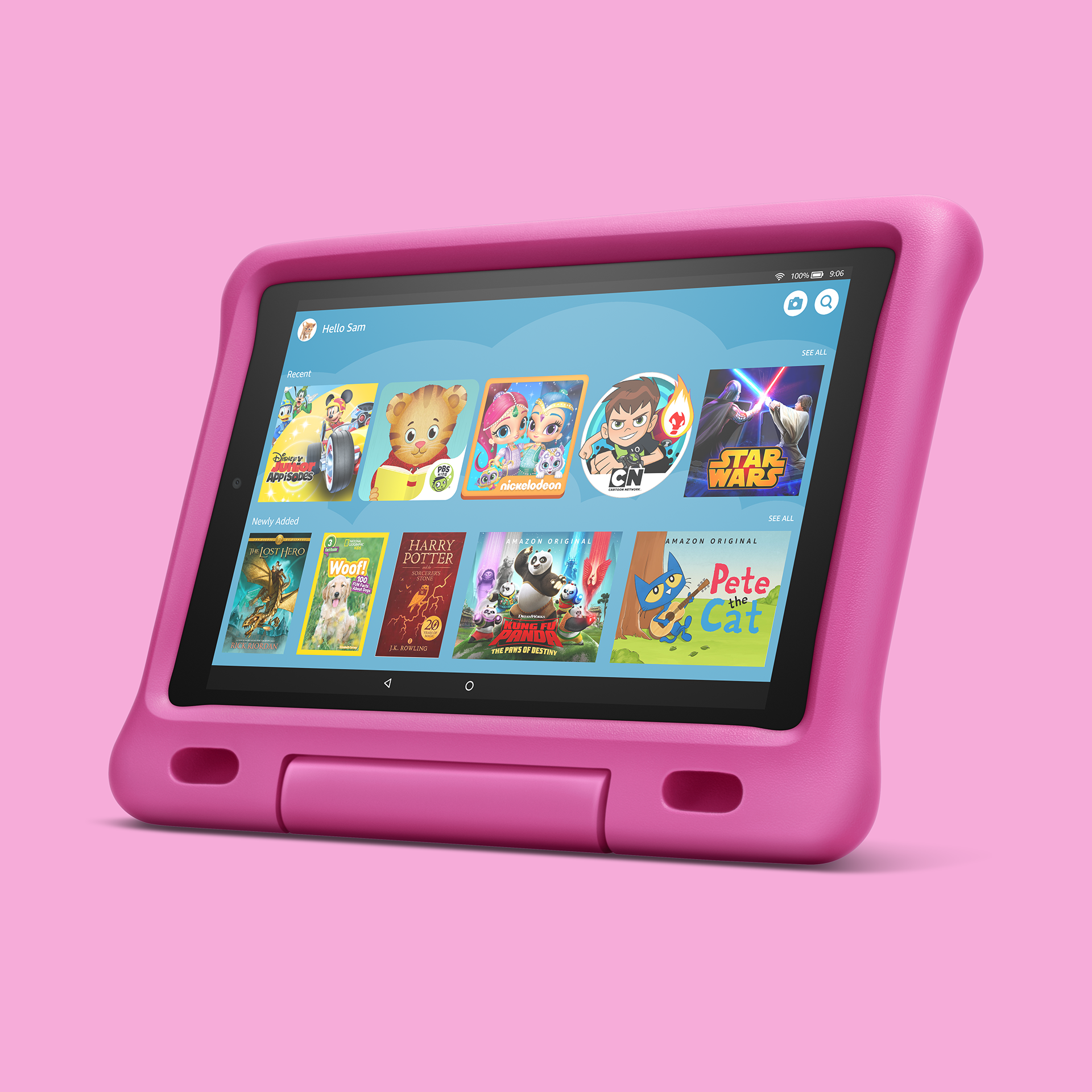 Kids tablet magenta on magenta pink background.