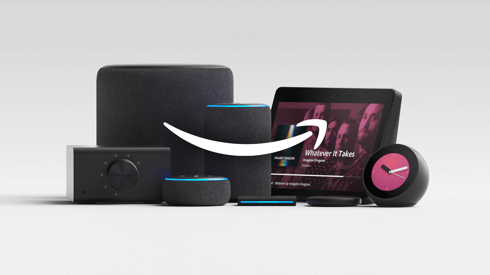 Image of Amazon Alexa devices resting behind a large amazon smile logo.